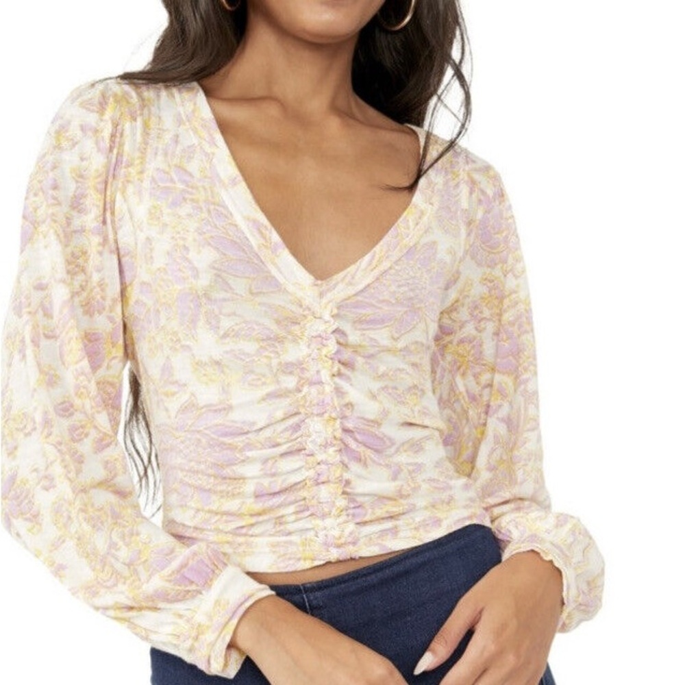 Free People Say The Word Floral Ruched V-Neck Top M Shirt Blouse Boho